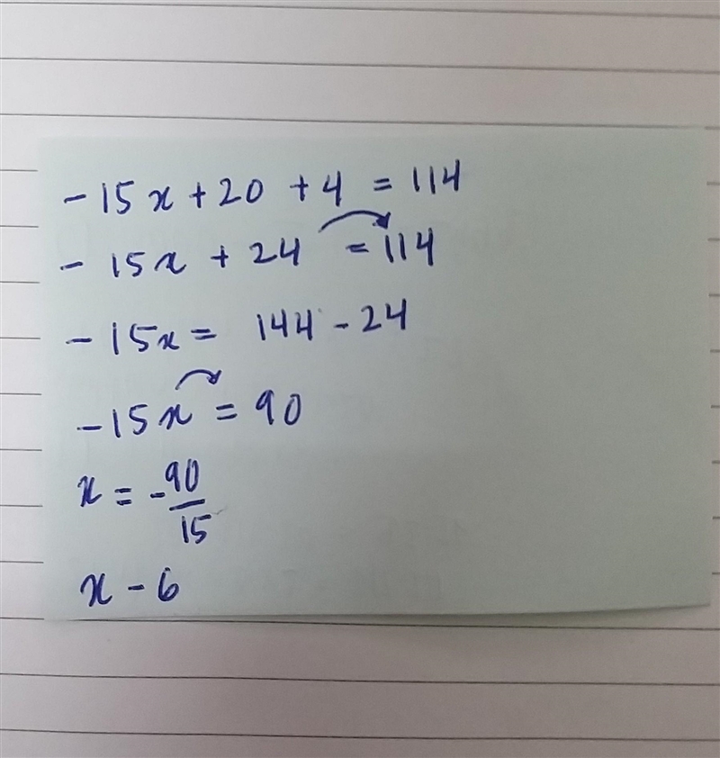 Slove equations -5(3x-4)+4=114-example-1