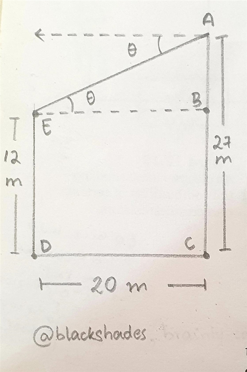 A park has 2 flagpoles 20m apart. One pole is 12m high and the other is 27m high. Calculate-example-1