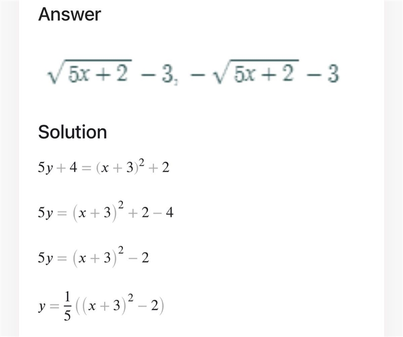 Which equation is the inverse of 5y+4= (x+3)² + 2?-example-1