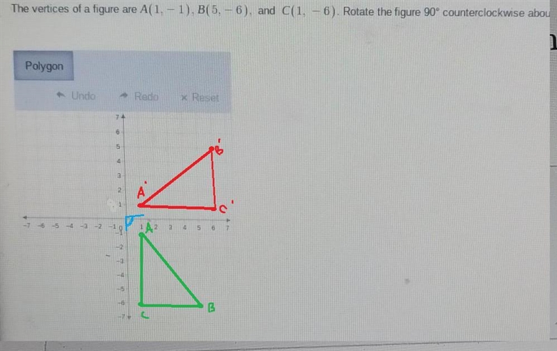 The vertices of a figure are A(1, -1), B(5, -6), and C(1, - 6). Rotate the figure-example-1