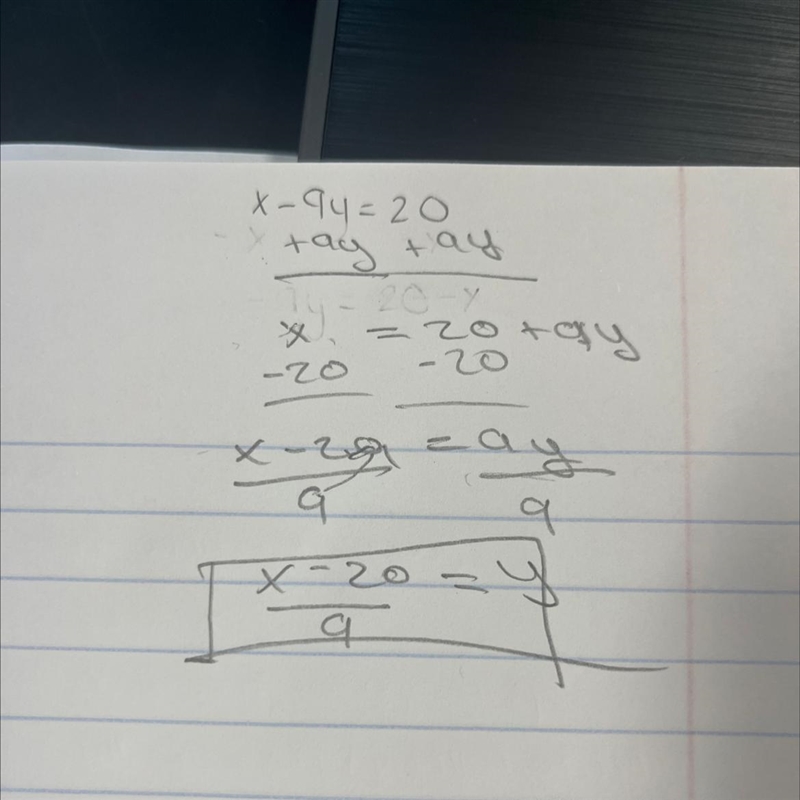 Solve x- 9y =20 for y-example-1