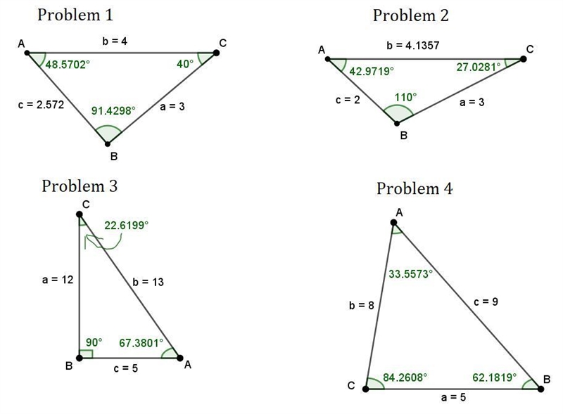 NO LINKS!!! Draw and solve each triangle. 1. a= 3, b= 4, C= 40° 2. a= 3, c= 2, B=110° 3. a-example-1