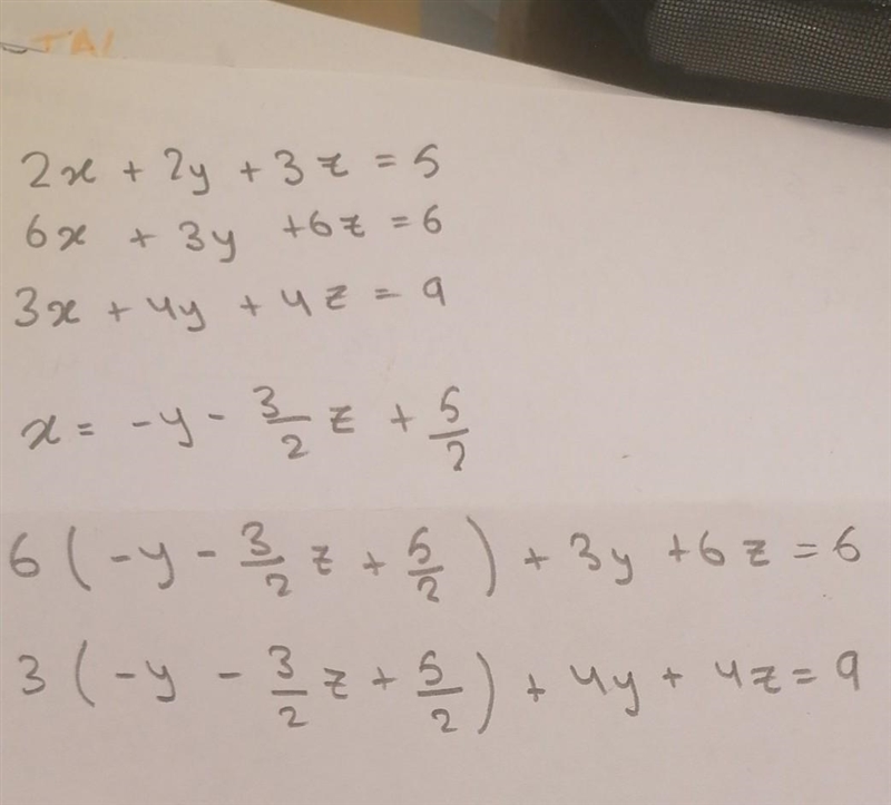 Solve the system of equations. 2x+ 27 + 32 = 5 6x + 3y + 62 = 6 3x + 41 + 42 = 9-example-1