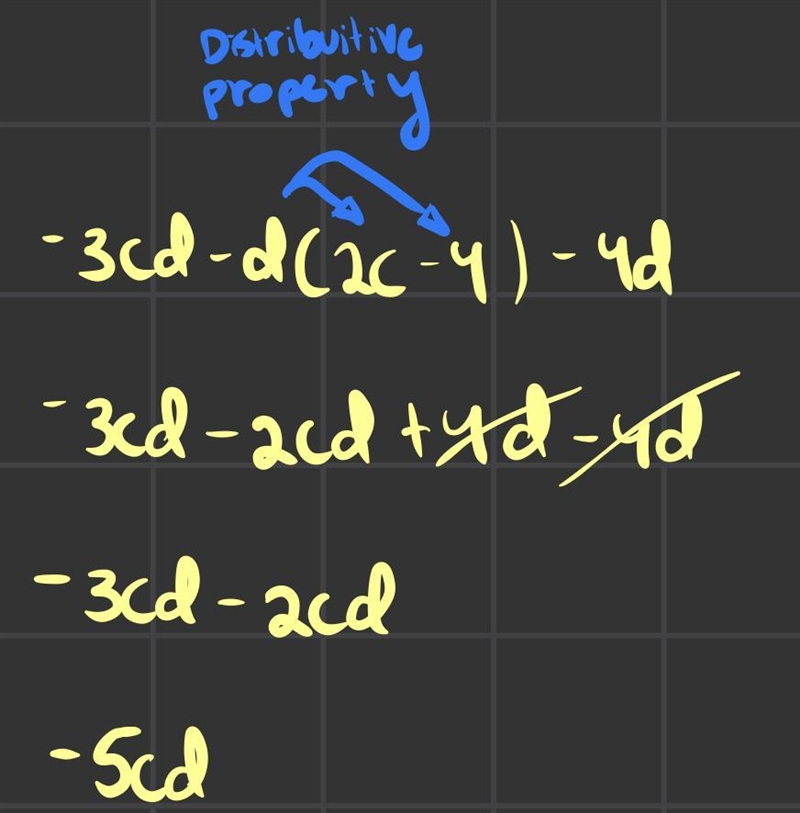 What is the simplified expression for-3cd - d (2c-4)- 4d?-example-1