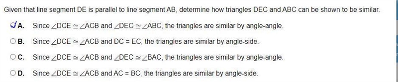 Given that line segment DE is parallel to line segment AB, determine how triangles-example-1