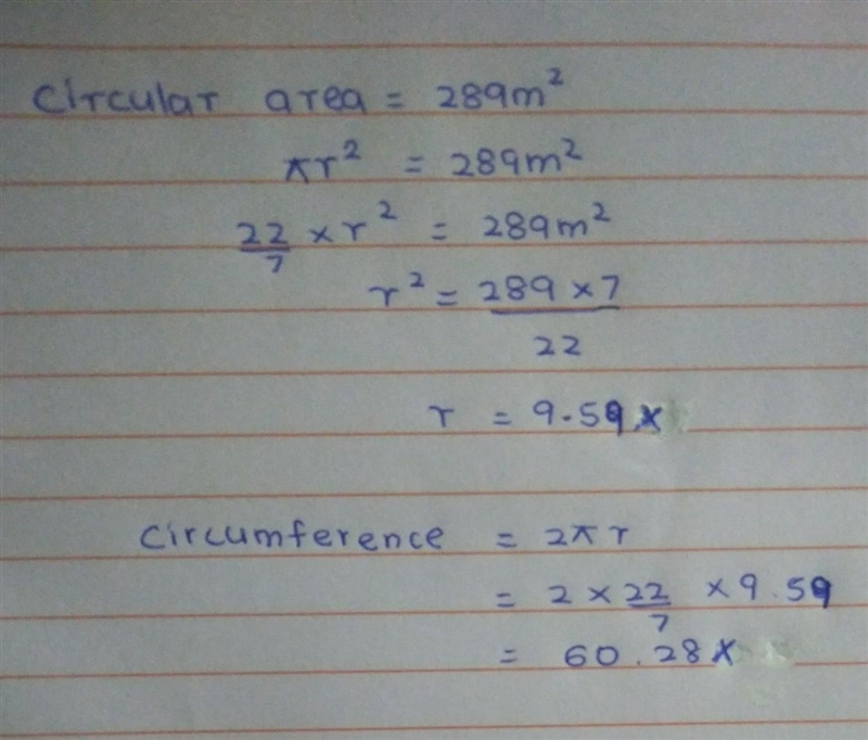 In a circle, the area is 289x square feet. Find the exact circumference of the circle-example-1