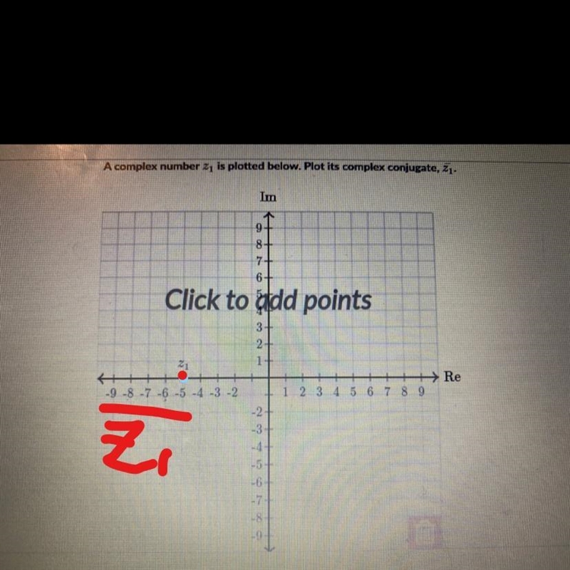 A complex number 2, is plotted below. Plot its complex conjugate, 21.Im01O CON8+7+6+Click-example-1