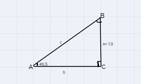 A=1.9 in, A=46.5°, C=90°Solve the right triangle. Round side lengths one decimal place-example-1