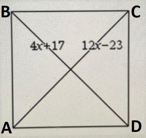 In order for the parallelogram tobe a square, x = [? ].4x+17 126-23-example-1