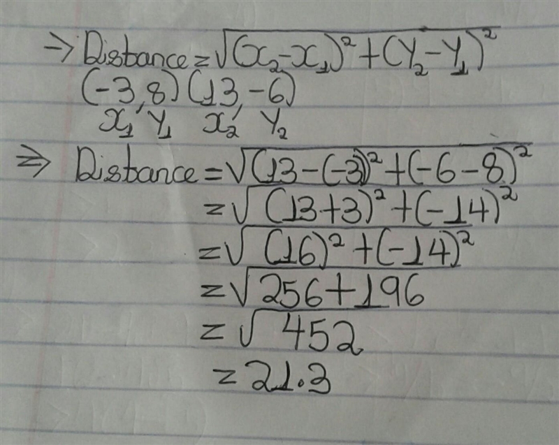 What is the distance from (-3,8) and (13,-6)?-example-1