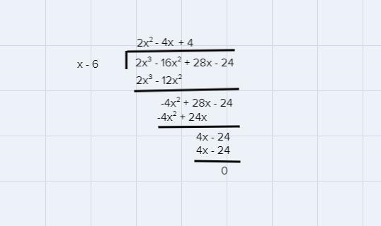 If f(x)=2x^3-16x^2+28x-24 and f(6)=0, then find all of the zeros of f(x) algebraically-example-1