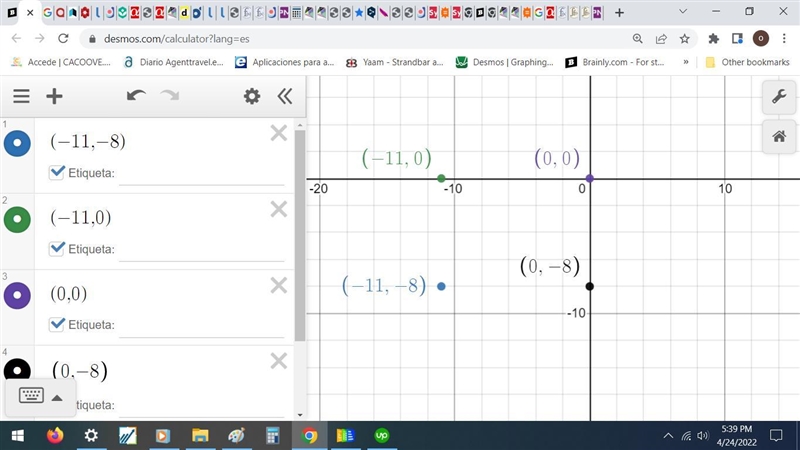 Find the area and perimeter with these points.(-11,-8)(-11,0)(0,0)(0,-8)-example-1