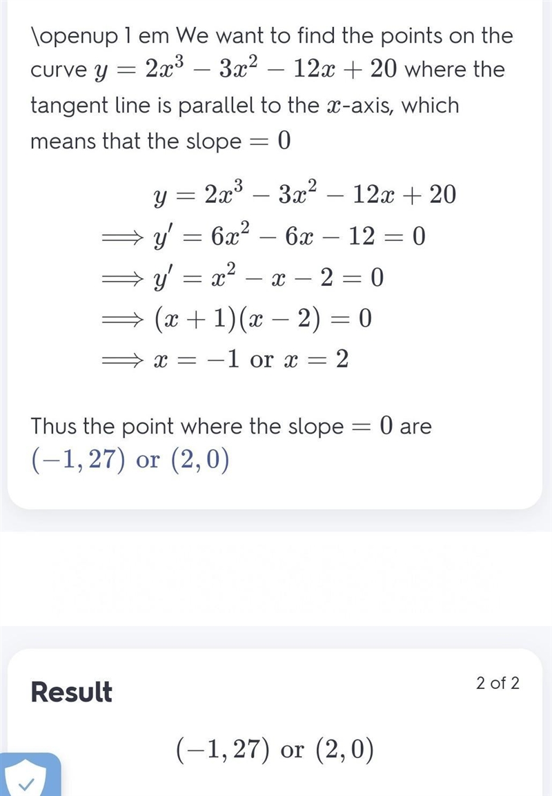 **Find all x - coordinates on the curve y = 2x ^ 3 - 3x ^ 2 - 12x + 20 where the tangent-example-1