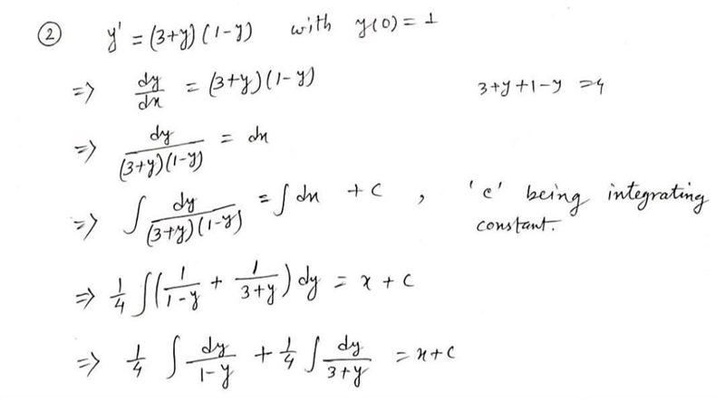 Solve the initial value problem. y' =(3 + y)(1 - y) , \\ y(0) = 1 ​-example-1