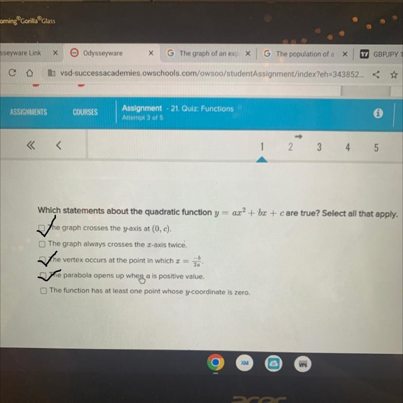 What statements about the quadratic function y= ax by the power of 2 + bx + c?-example-1