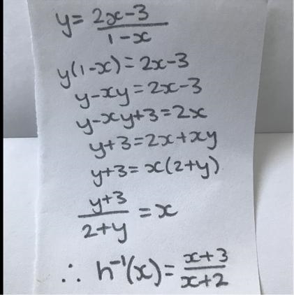 Determine the inverse of the function: h(x)= 2x-3/1-x​-example-1