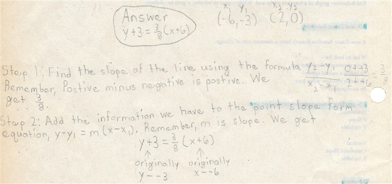 Write the equation of the line that passes through the points (-6,-3) and (2, 0). Put-example-1