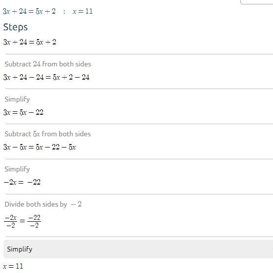 Find x in the problem :3x+24=5x+2-example-1