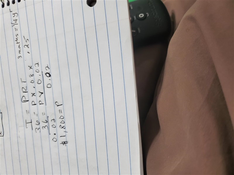 Use the formula for simple interest, I = Prt, to find the indicated quantity. I=$36; r-example-1