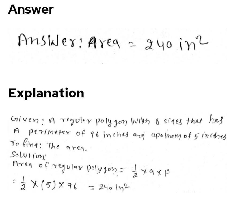 Find the area of a regular polygon with 8 sides that has a perimeter of 96 inches-example-1