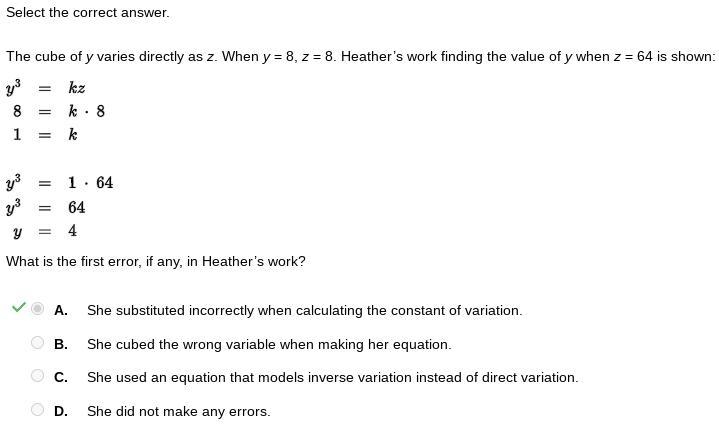 the cube of y varies directly as a. when y=8, z=8. heathers work finding the value-example-1