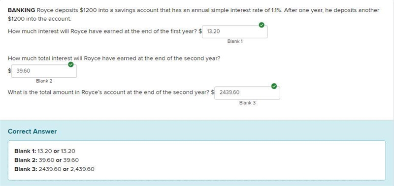 BANKING Royce deposits $1200 into a savings account that has an annual simple interest-example-1