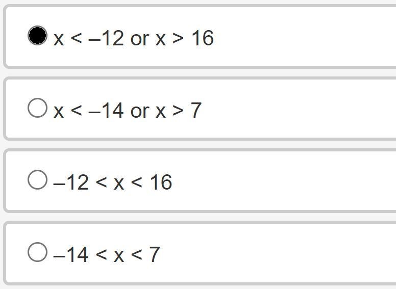 What is the solution to |x – 2| + 3 > 17?A. x < –12 or x > 16B. x < –14 or-example-1