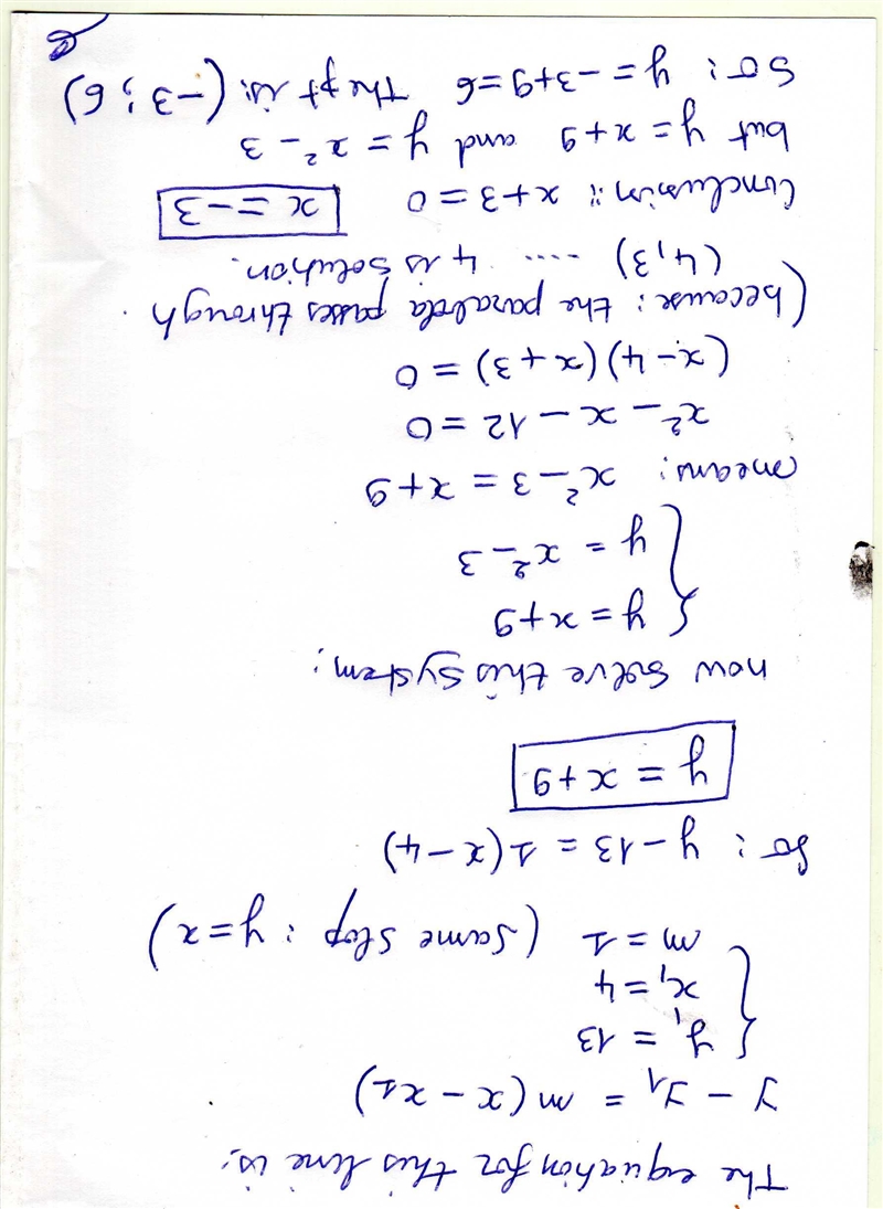 A line is parallel to the line y = x and passes through the parabola y = x² - 3 at-example-1