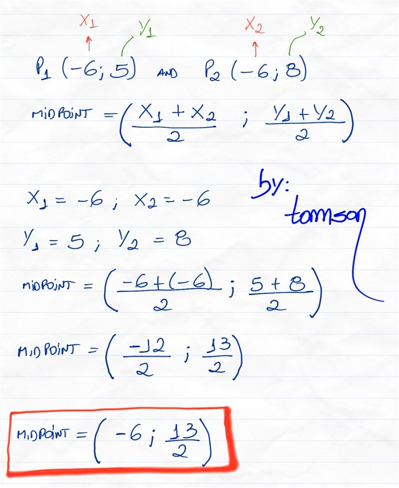 What is the midpoint of the segment? (-6, 5) and (-6, 8)-example-1