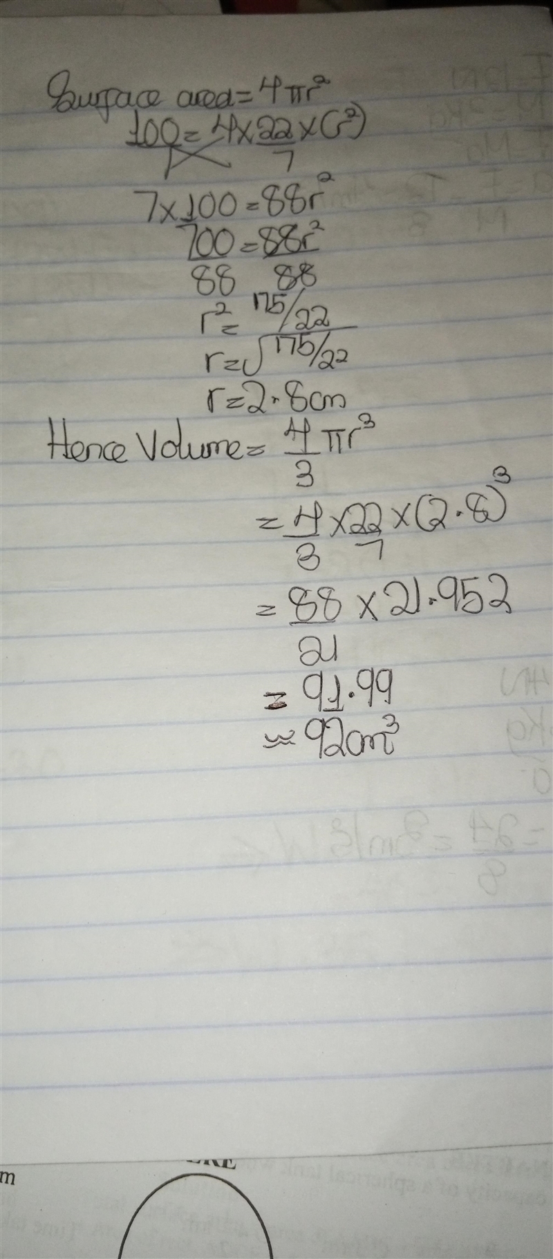 A sphere has a surface area of 100 cm^2 Calculate the volume of the sphere.-example-1