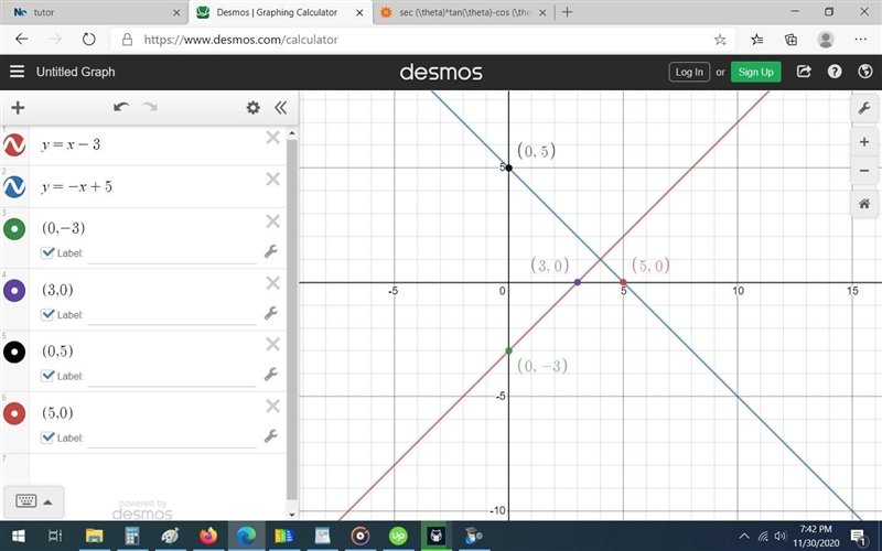 Y equals x minus 3y equals negative x + 5 graph these two points-example-1