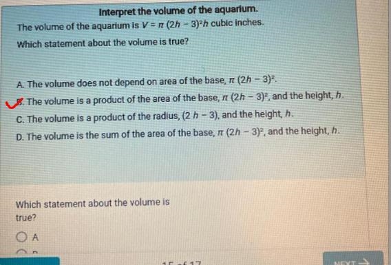 Interpret the volume of the aquarlum. The volume of the aquarium is V = I (2h - 3)=h-example-1