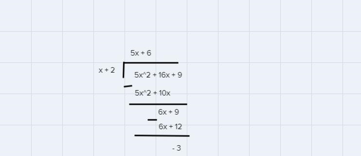 Divide.(5x^2+16x+9) / (x+2)Your answer should give the quotient and the remainder-example-5