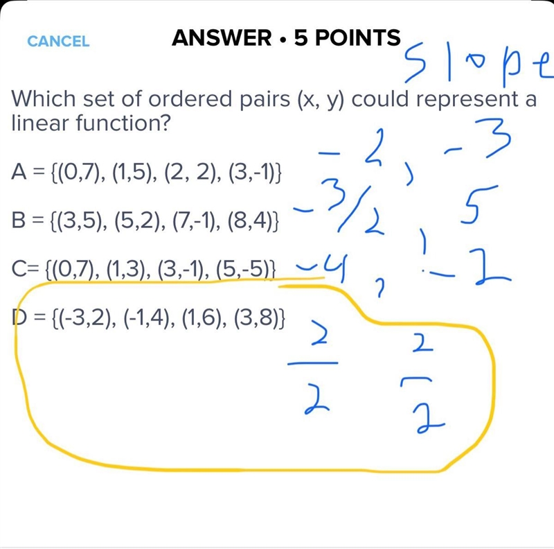 Which set of ordered pairs (x, y) could represent a linear function? A = {(0,7), (1,5), (2, 2), (3,-1)} B-example-1