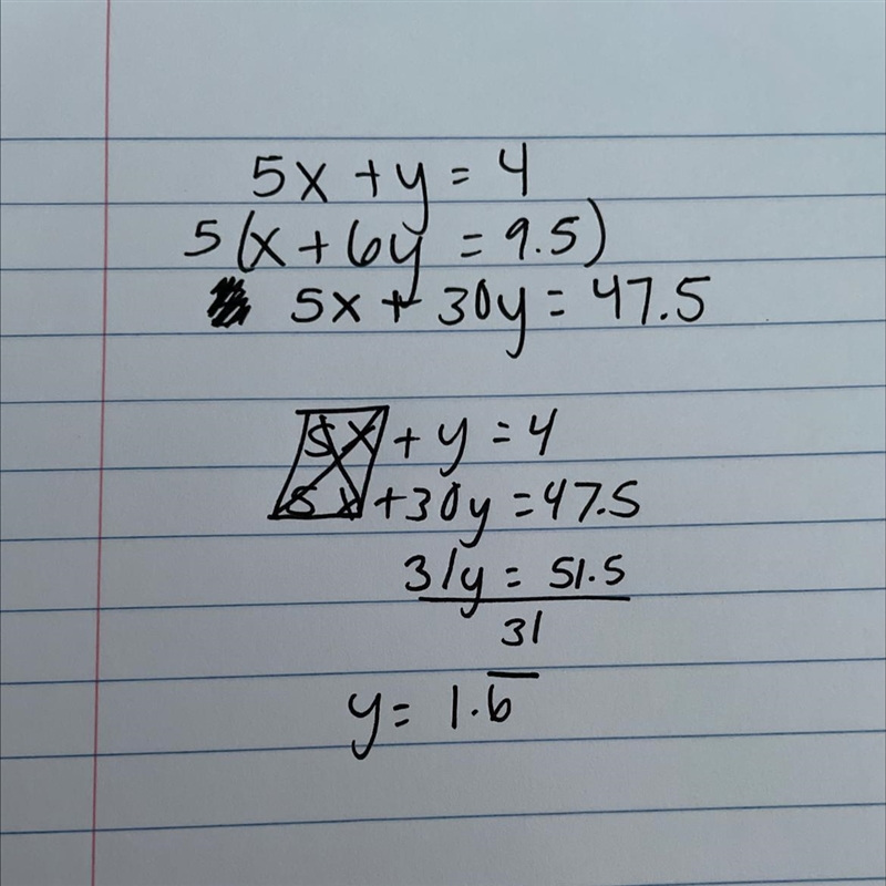 Solve the system. 5x+y=4 x+6y=9.5-example-1