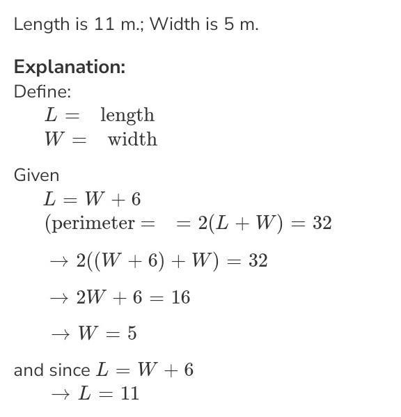 A rectangular room is 6 meters longer than it is wide, and its perimeter is 32 meters-example-1