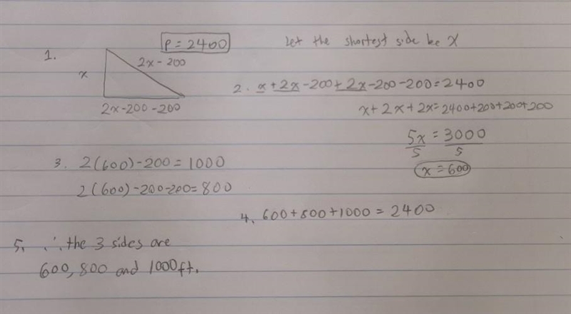 The perimeter of a triangular plot of land is 2400f ft. The longest side is 200 ft-example-1