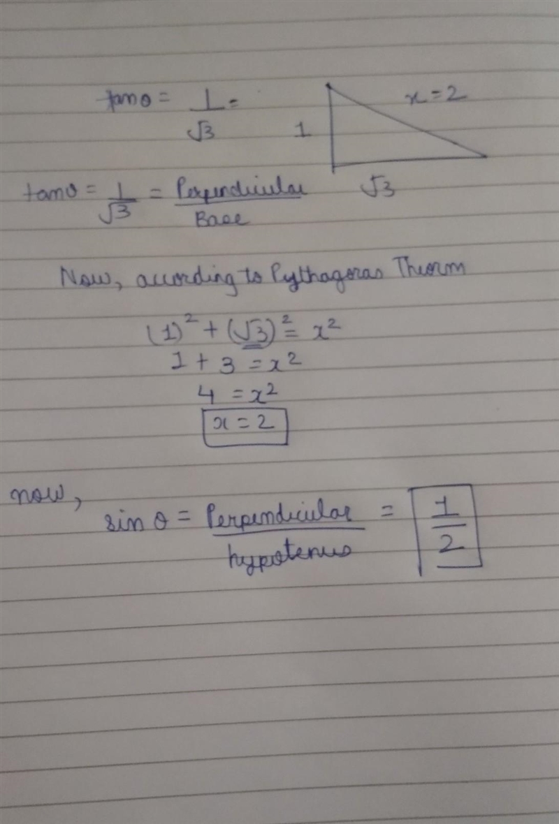 If tan thita= 1/(root3) , then sin thita =? answer should be 1/2 according to book-example-1