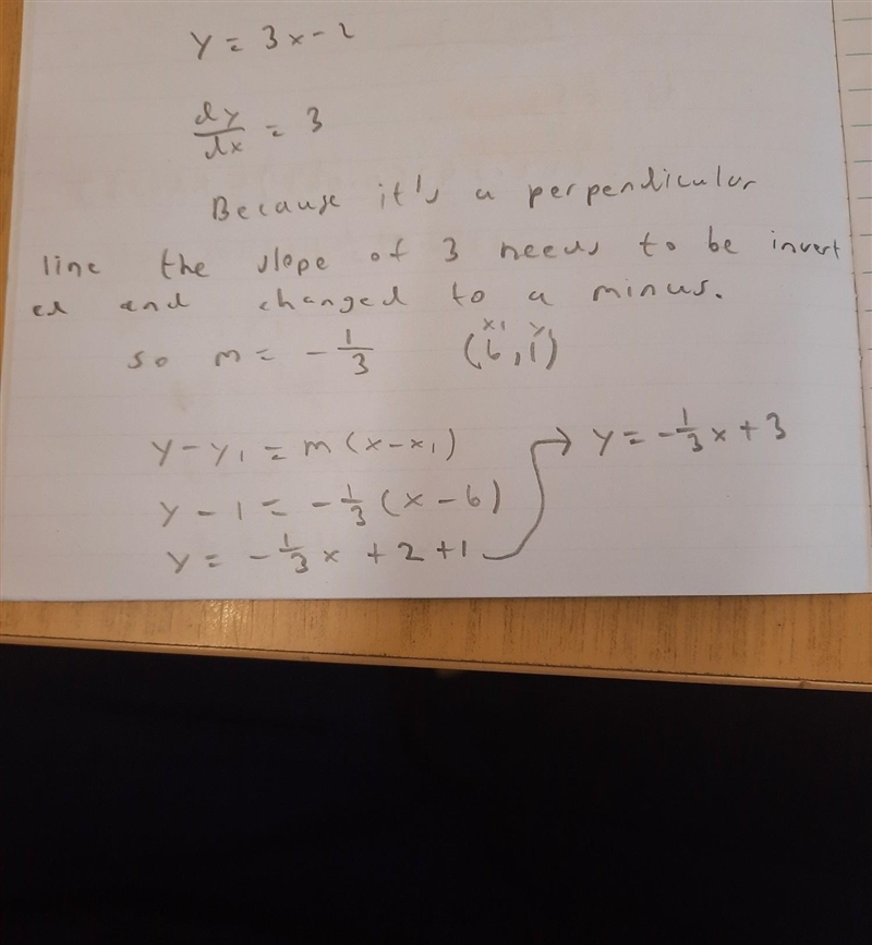 Write the equation of the line which passes through the point (6, 1) and is perpendicular-example-1