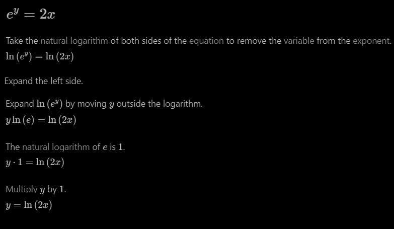 The equation e^y= 2x is equivalent to y = In 2 y = In x y = In 2x-example-1