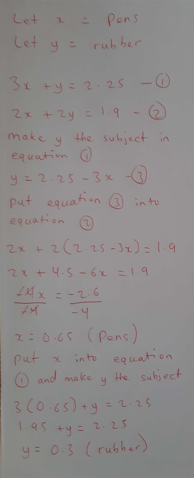 The cost of three pens and one rubber is 2.25 the cost of two pens and two rubbers-example-1