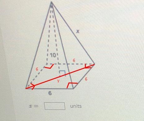 A right square pyramid has an altitude of 10 and each side of the base is six. To-example-1