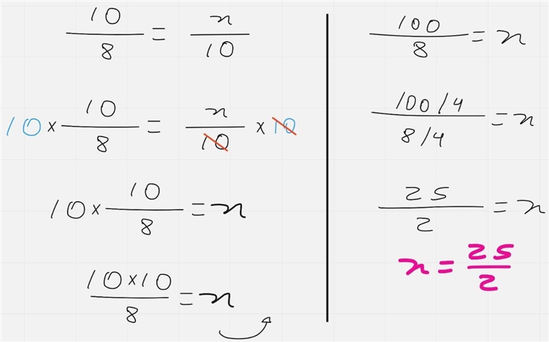 Solve= 10/8 = n/10 Write your answer as an improper fraction in simplest form.-example-1