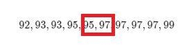 Choose the median for the set of data. 99 95 93 92 97 95 97 97 93 97 a. 7b. 95.5 c-example-1