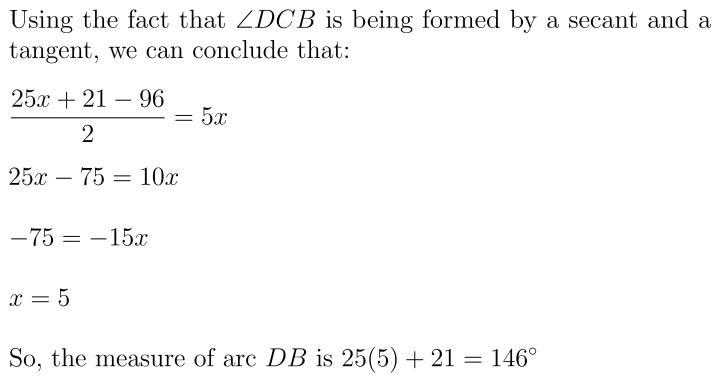 Find the measure of arc DB. 25° 96° 118° 146°-example-1