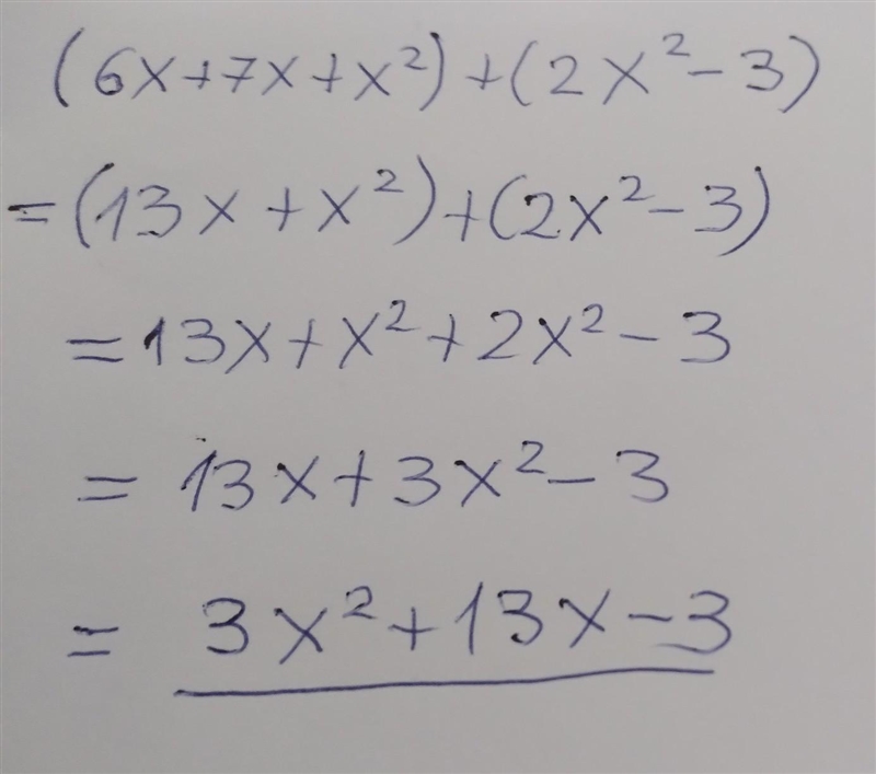 What is the sum of the polynomials? (6x+7x+x^2)+(2x^2-3)-example-1