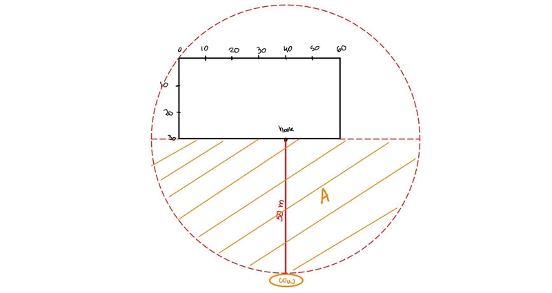 : A cow is tethered by a rope 50 m long. The rope is fastened to a hook which is located-example-1