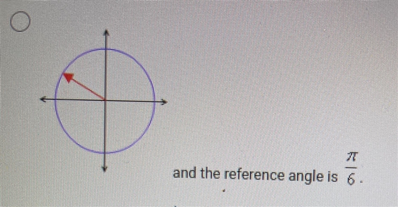 For this special angle, draw the angle and find the reference angle: t=5pi/6-example-1