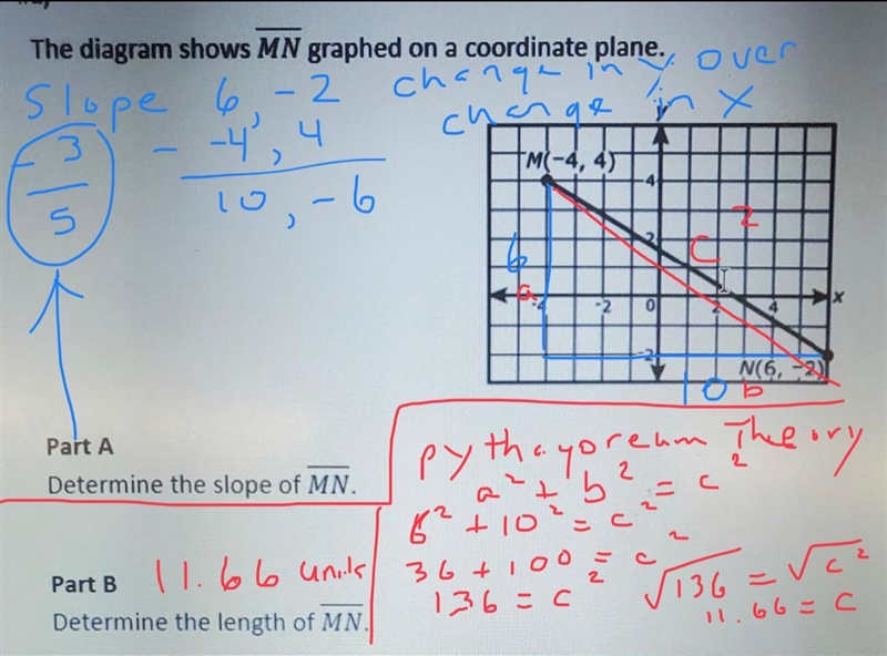 Part A - determine the slope of Line MN. Part B - determine the length of line MN-example-1