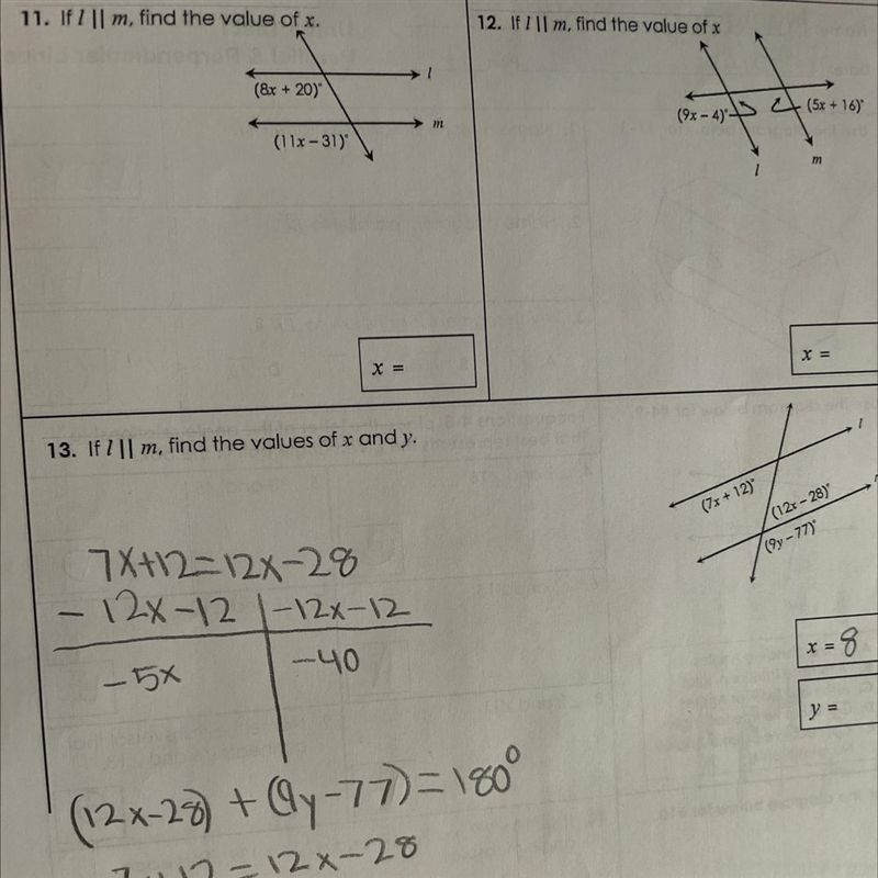 Questions 11. 12. and 13. i think i found x for 13 but im not so sure-example-1